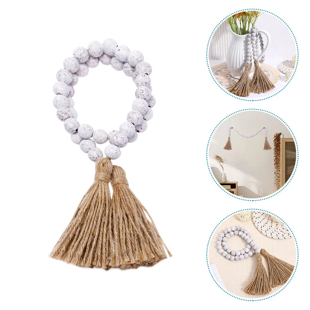 

Farmhouse Wood Bead Garland Tassels Rustic Boho Home Decor Wall Hanging Tray Table Mantel Natural Wooden Beads
