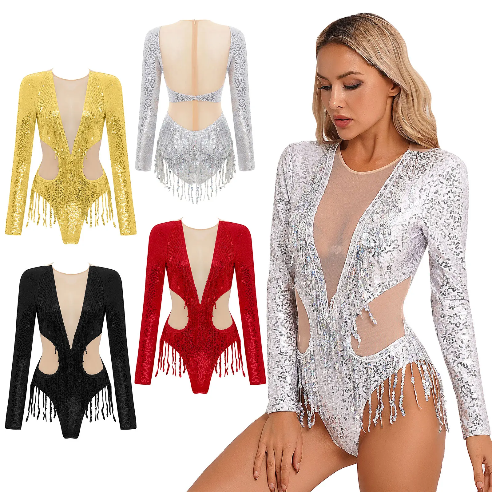 Women Allover Sequin Party Bodysuit Long Sleeve Nude Mesh Patchwork Sequin Fringe Leotard Halloween Club Costumes