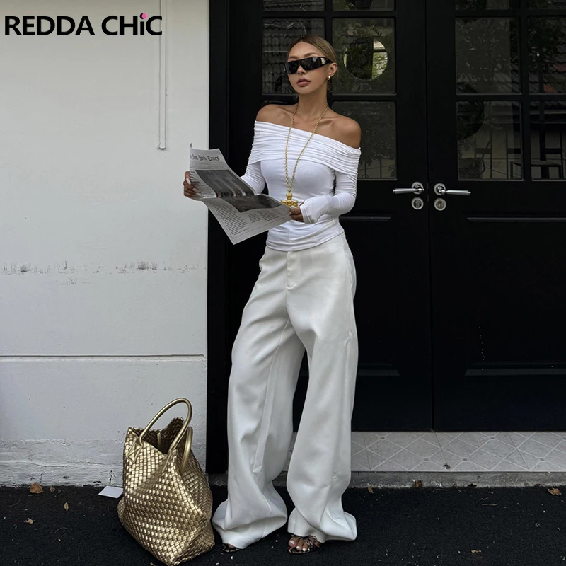 ReddaChic Business Women Wide Leg Pants Solid White High Rise Straight Draped Loose Suit Pants Casual Office Lady Formal Clothes