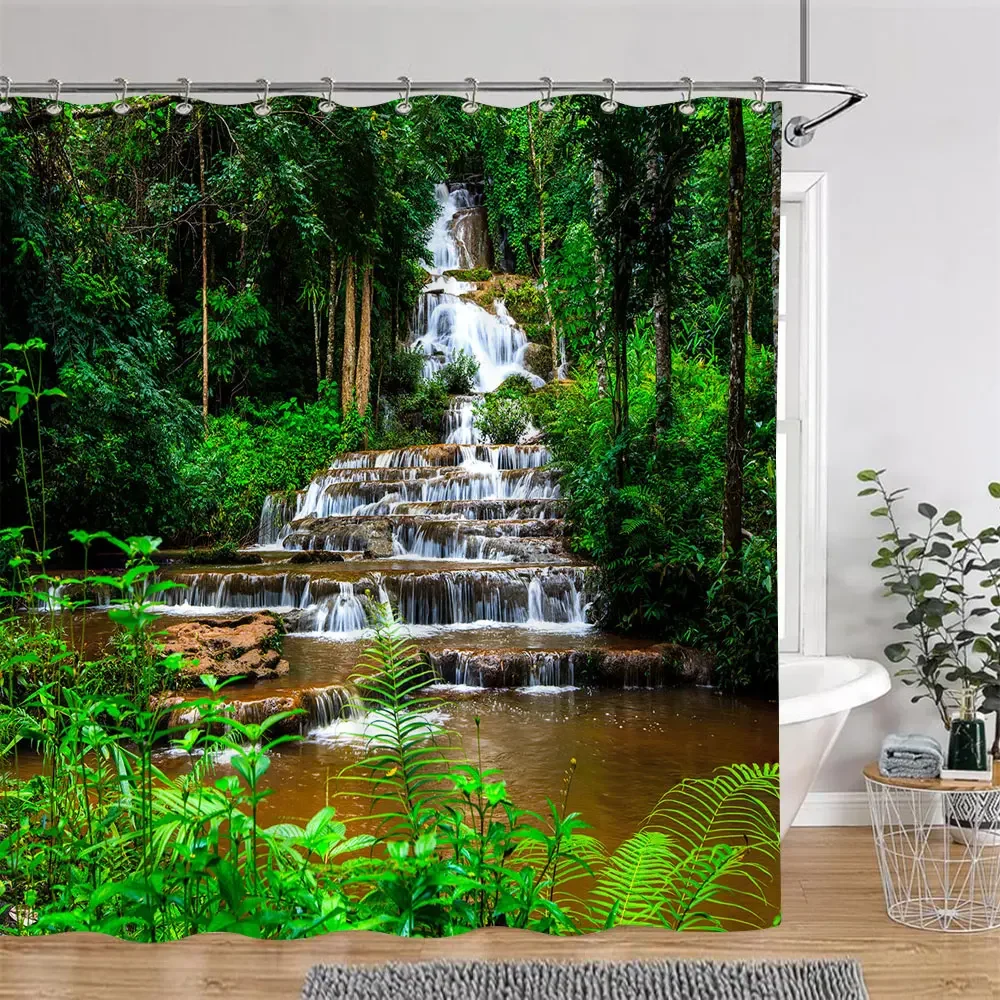 Sunshine Green Forest Brown Window Shower Curtains Trees Plants Nature Landscape Polyester Bathroom Curtain Set Decor With Hooks