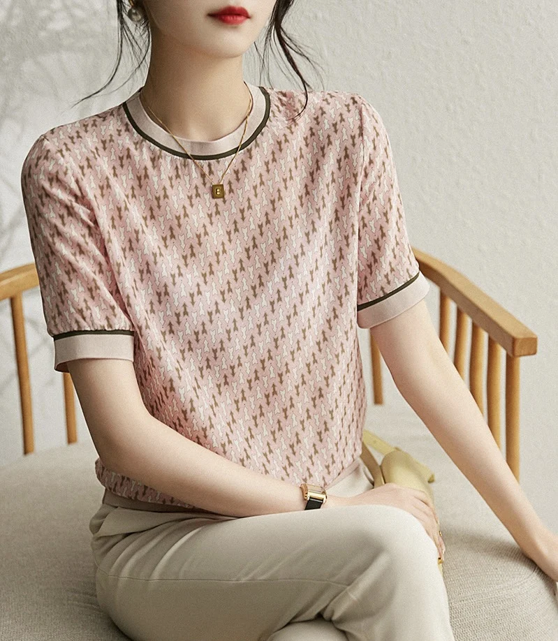 Fashion real silk short sleeved women\'s summer crew neck mulberry silk T-shirt geometric printed top loose thin shirt