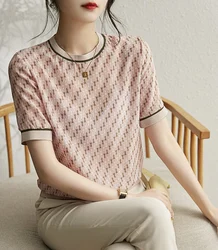 Fashion real silk short sleeved women's summer crew neck mulberry silk T-shirt geometric printed top loose thin shirt