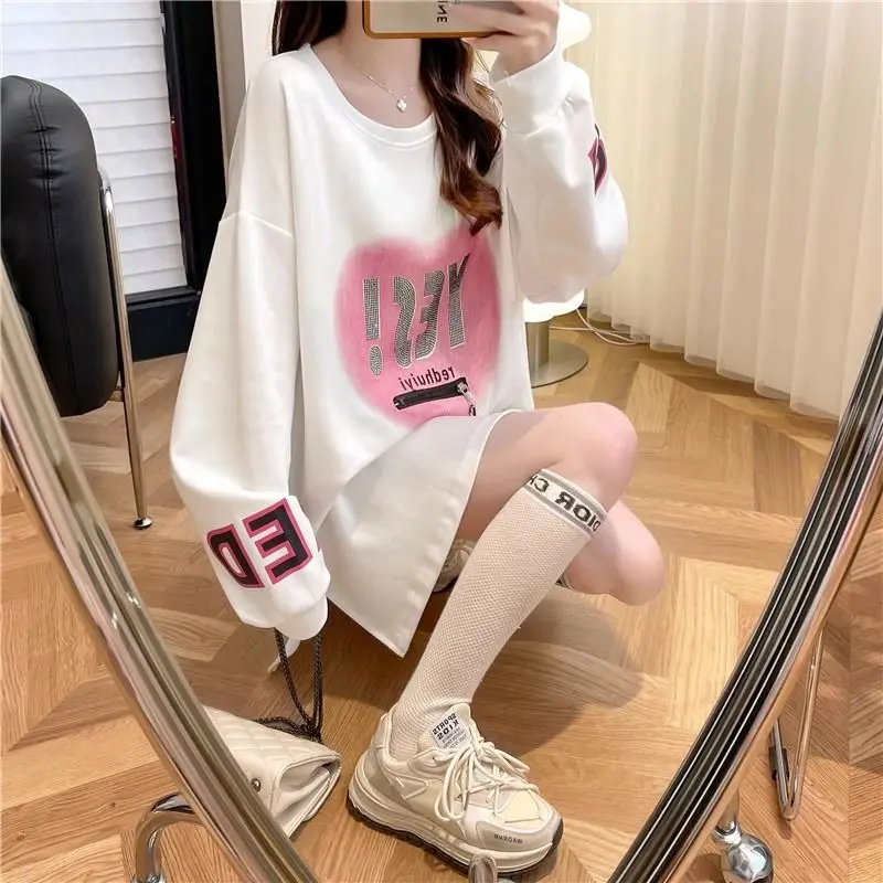 Fashion O-Neck Loose Printed Spliced Zipper Diamonds T-Shirt Female Clothing 2023 Autumn Oversized Casual Tops Korean Tee Shirt