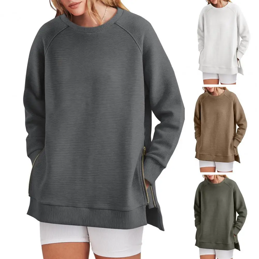 Women Oversized Sweatshirt Stylish Women's Zipper Slit Sweatshirt with Elastic Cuffs Mid Length Loose Fit Pullover for Outdoor