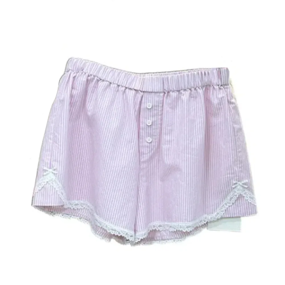 

Stylish Loose Lace Plaid Shorts Mesh Flower Sweet High Waist Shorts Stripe Lolita Wide Leg Short Pants Women