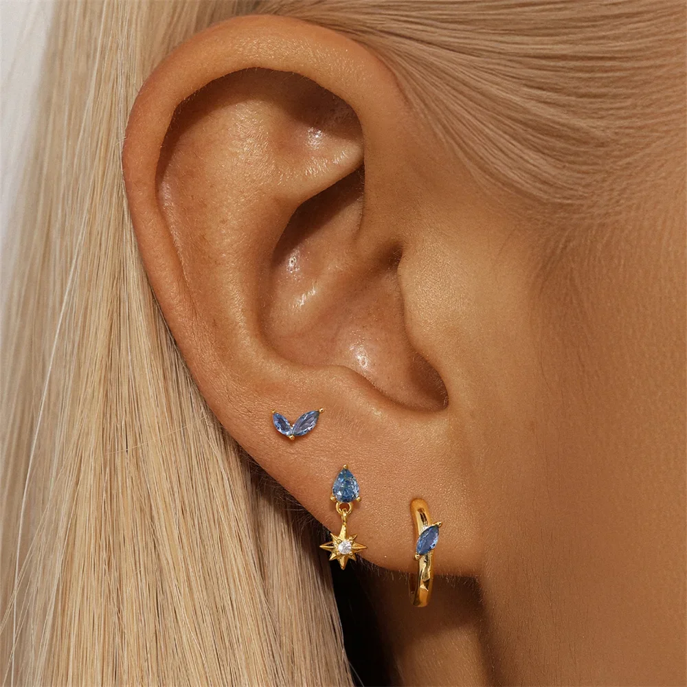 KO 100% 925 Sterling Silver Hoop Earring Women Golden 3-piece set of blue horse eyes/single row zircon oorbellen 2024 trend