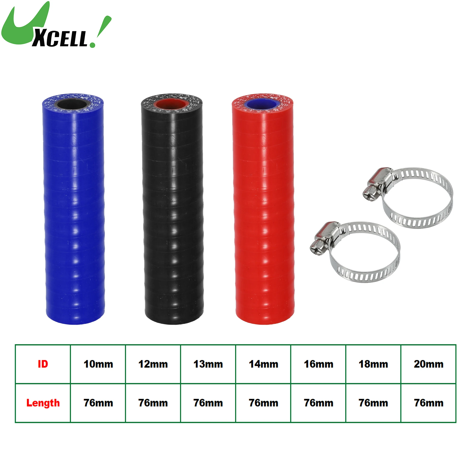 

UXCELL 10mm 12mm 13mm 14mm 16mm 18mm 20mm ID Car Straight Silicone Hose Coupler Intercooler Tube with Clamps 76mm Long