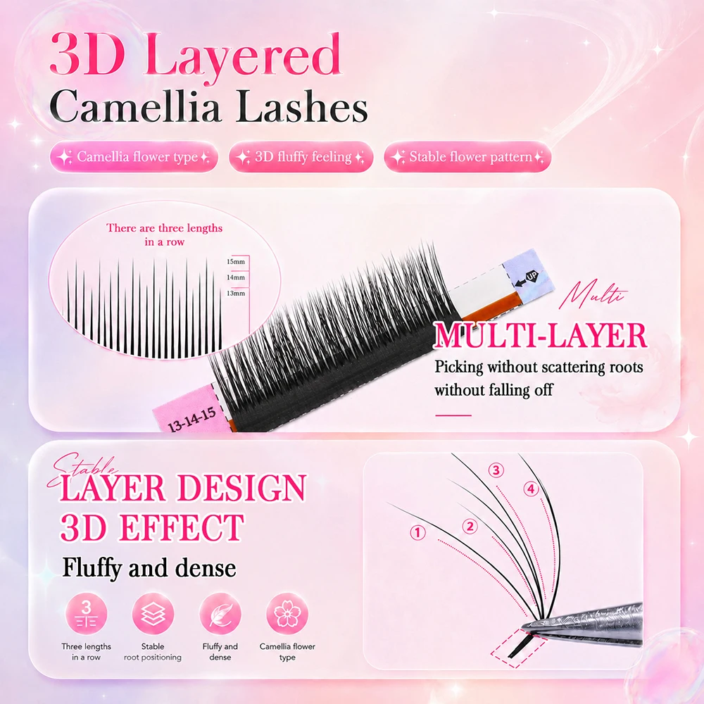 MASSCAKU Layered Camellia Eyelash Extensions LB LC LD Curl Multi Layer Volume Fans Soft Natural Lashes 0.07mm Mixed 8-15mm