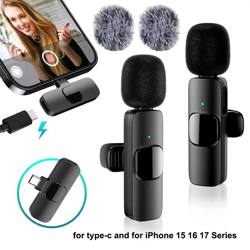 Wireless Lavalier Microphone for iPhone Android USB-C Noise Reduction Mini Mic Live Streaming Interview