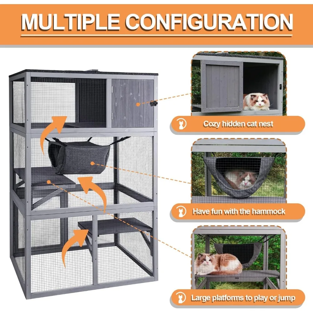 บ้านแมวไม้,กลางแจ้ง 3 ชั้นแมวEnclosure,ในร่มขนาดใหญ่ลูกแมวPlaypenพร้อมเปลญวนและกล่องพักผ่อน,กรงแมวกันน้ํา