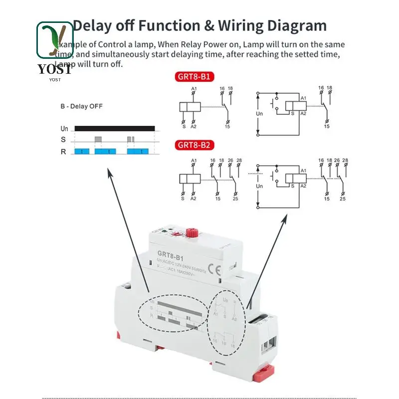 

YOST-GEYA GRT8-B1 Off Delay Time Relay Timer Relay Electronic Type 16A, GRT8-B1