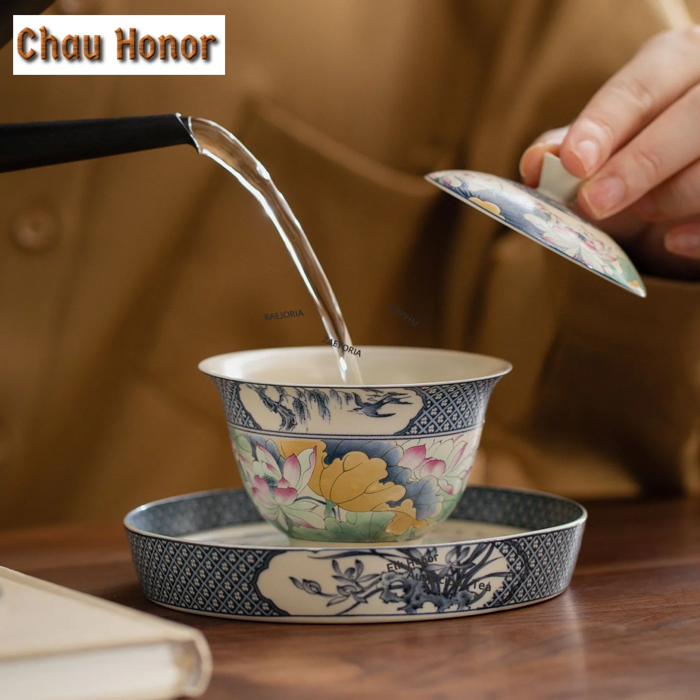 Aesthetic Lotus Pond Moonlight Gaiwan Boutique Tea Tureen Tea Bowl with Lid Kit Tea Maker Cover Bowl Tea Services Supplies Craft