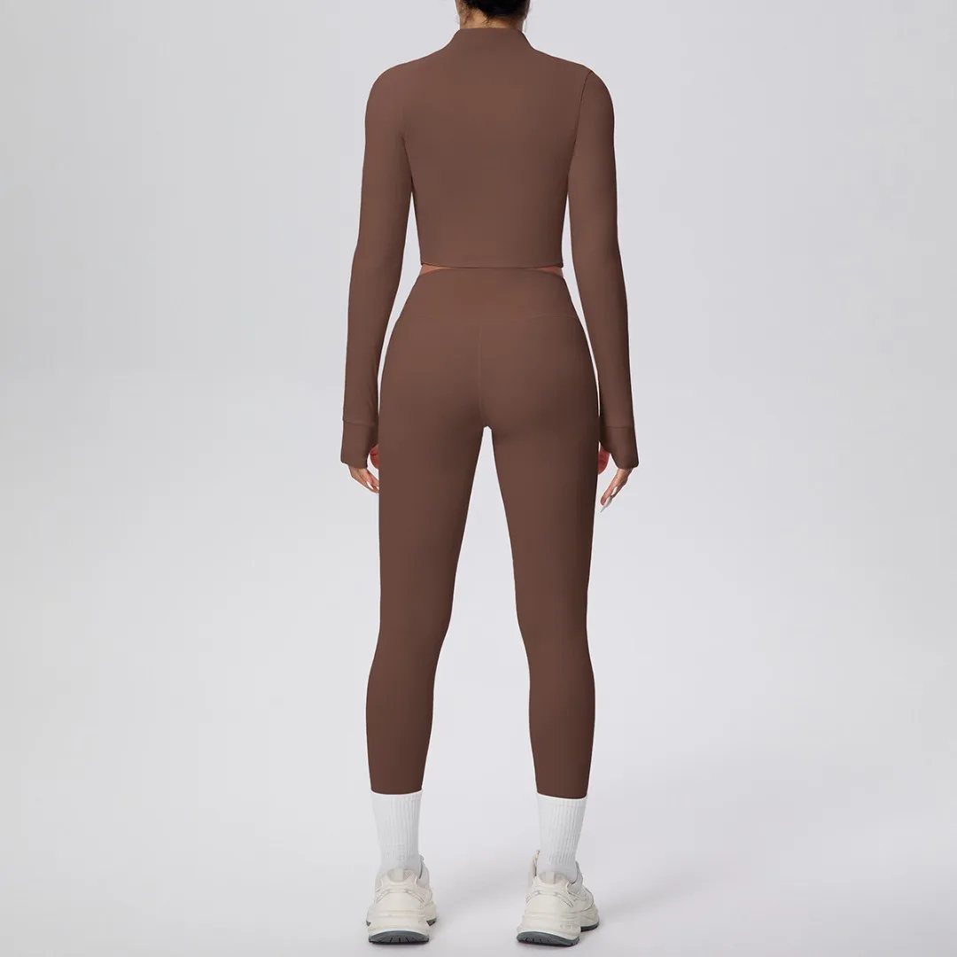 على الوجهين نحى كم طويل السراويل اليوغا مجموعة عالية الخصر الورك رفع ضيق عارية يشعر سستة سترة قصيرة تشغيل اللياقة البدنية اليوغا مجموعة #6