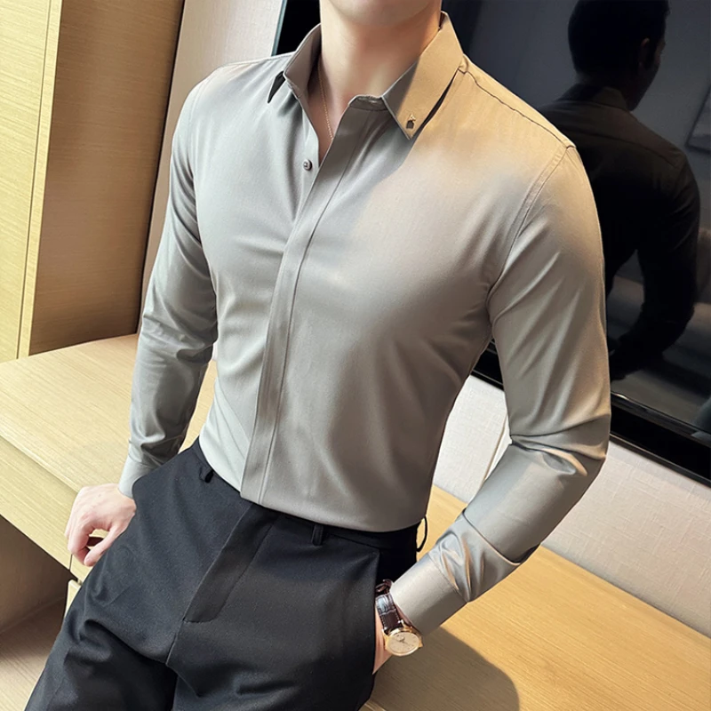 

M-6XL Solid Color Seamless Elastic Shirt for Men Casual Business Dress Shirts Long Sleeve Slim Fit Versatile Base Shirt Tops