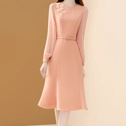 EVNISI abito elegante da donna con ricamo floreale con cintura o-collo a maniche lunghe abiti da ufficio a-line Chic donna tromba Vestido