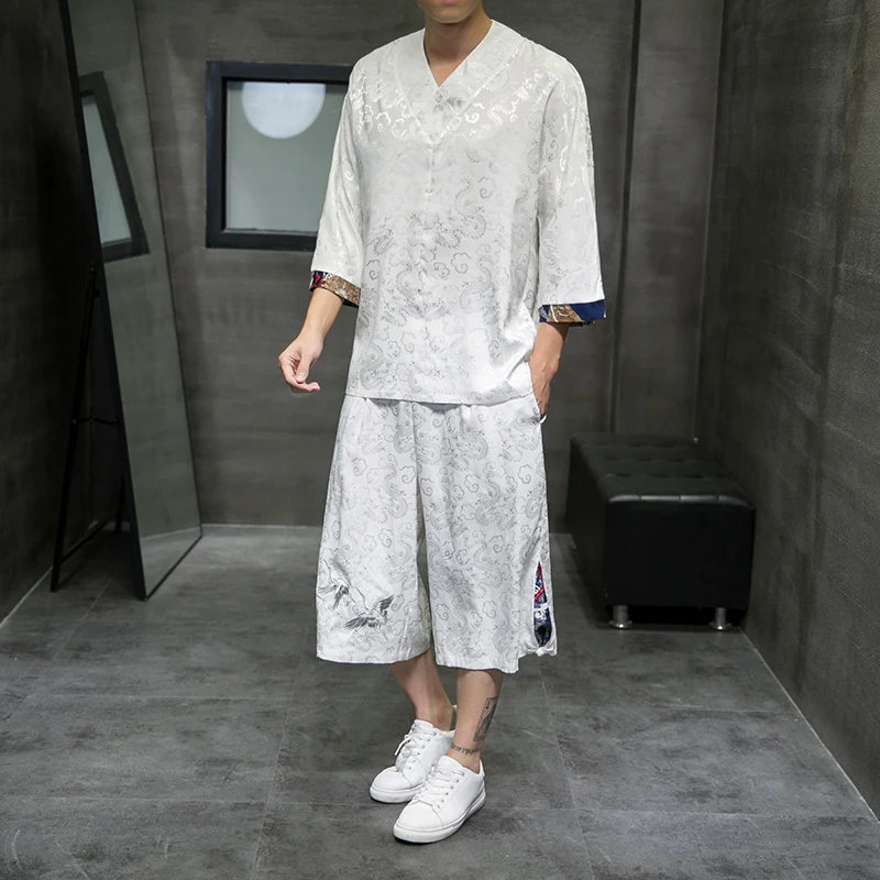 

Japanese fashion Asian traditional dress Thin ice silk comfortable short sleeve shorts set dragon jacquard two-piece set