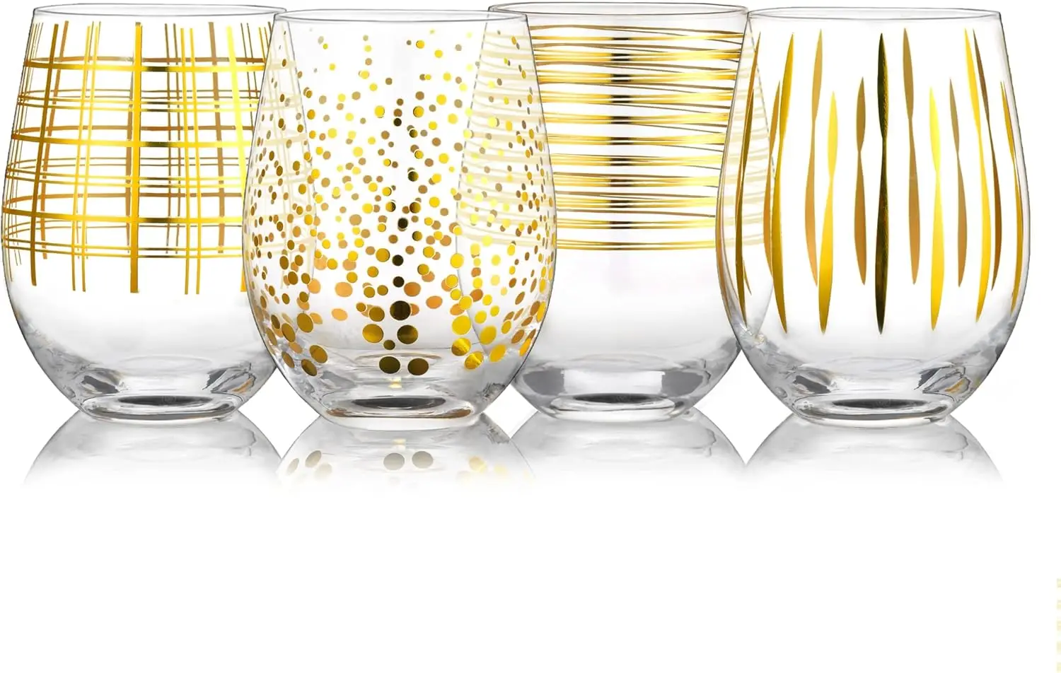 

Hand Blown Stemless Wine Glasses with Gold Dots Swirls Grids Strips Pattern for Red White Wine,Large Drinking Glass Cups,