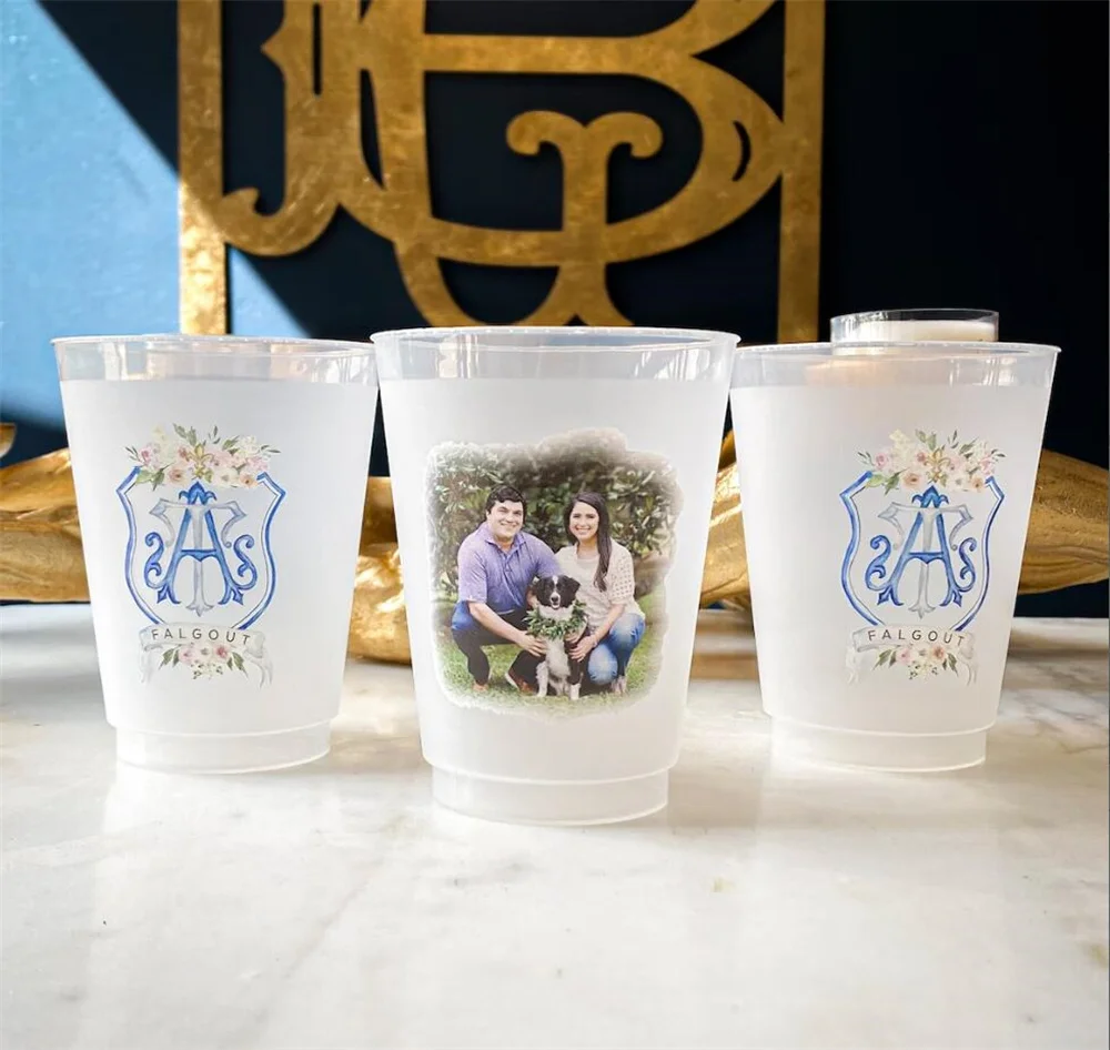 Custom Watercolor Monogram Full Color Shatterproof Cups, Engagement Photo Cups, Wedding Monogram Frost Flex Cups, Full Color Wed