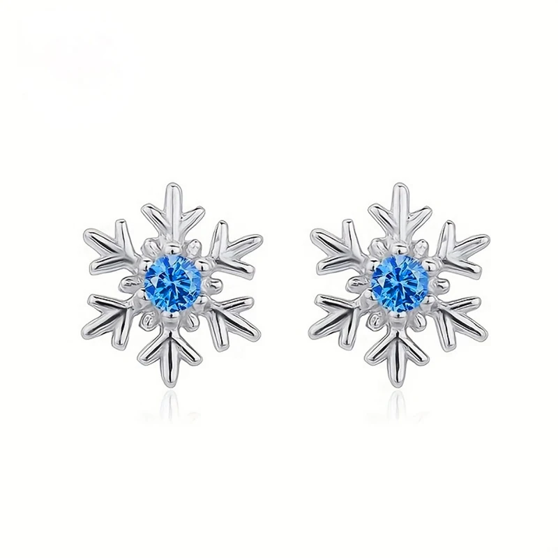 Huitan Romantic Blue Cubic Zirconia Snowflake Stud Earrings for Women Christmas Holiday Party Ear Studs Silver Color Jewelry