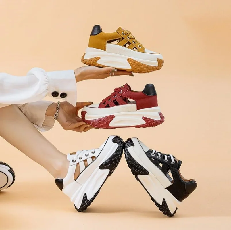 

New Genuine Leather Summer Shoes Women Hollow Out Chunky Sneakers Female Vulcanize Comfy Lace Up Fashion Ladies Platform Shoes