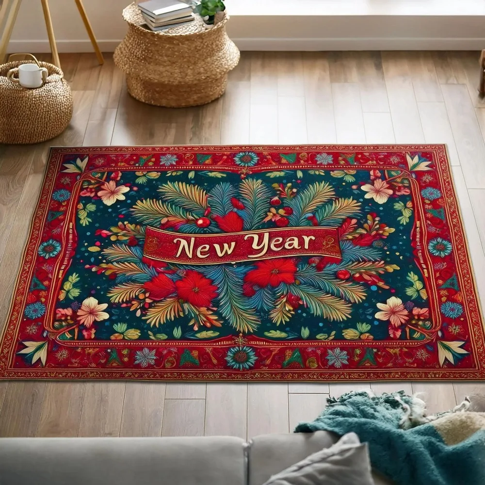 عيد الميلاد السجاد حصيرة البساط الأحمر الأخضر ثلاثية الأبعاد النص مع قبعة سانتا وجوارب نمط عدم الانزلاق ديكور المنزل ديكور غرفة نوم السجاد #2