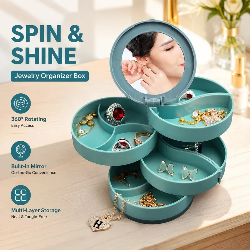 Multi-layer Rotating Jewelry Tray Flip Cover Storage Box with Mirror Divided Compartment Organizer for Earrings Rings Necklaces