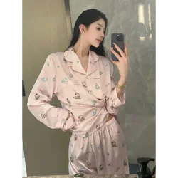 Sanrio Hello Kitty Silk Pajamas Women's Autumn Ice Silk Cartoon Two-piece Set Casual Women's Pajamas Homewear Pajamas Pants Set