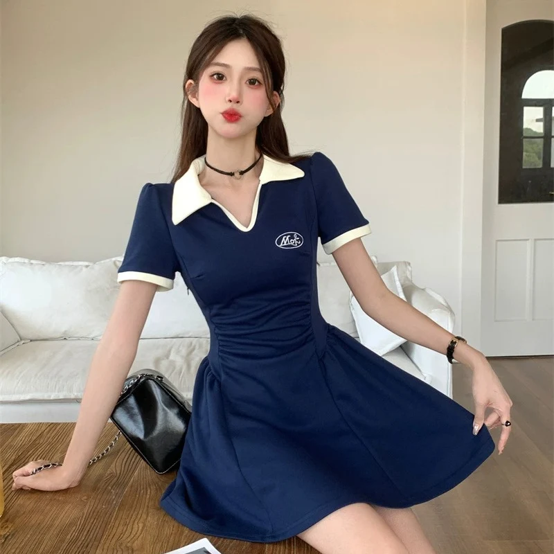 Summer Women Sweet Comfortable Ruched Dress Lady Korean Vintage A-line Dress Female Cutecore Korean Collared Designer Dress