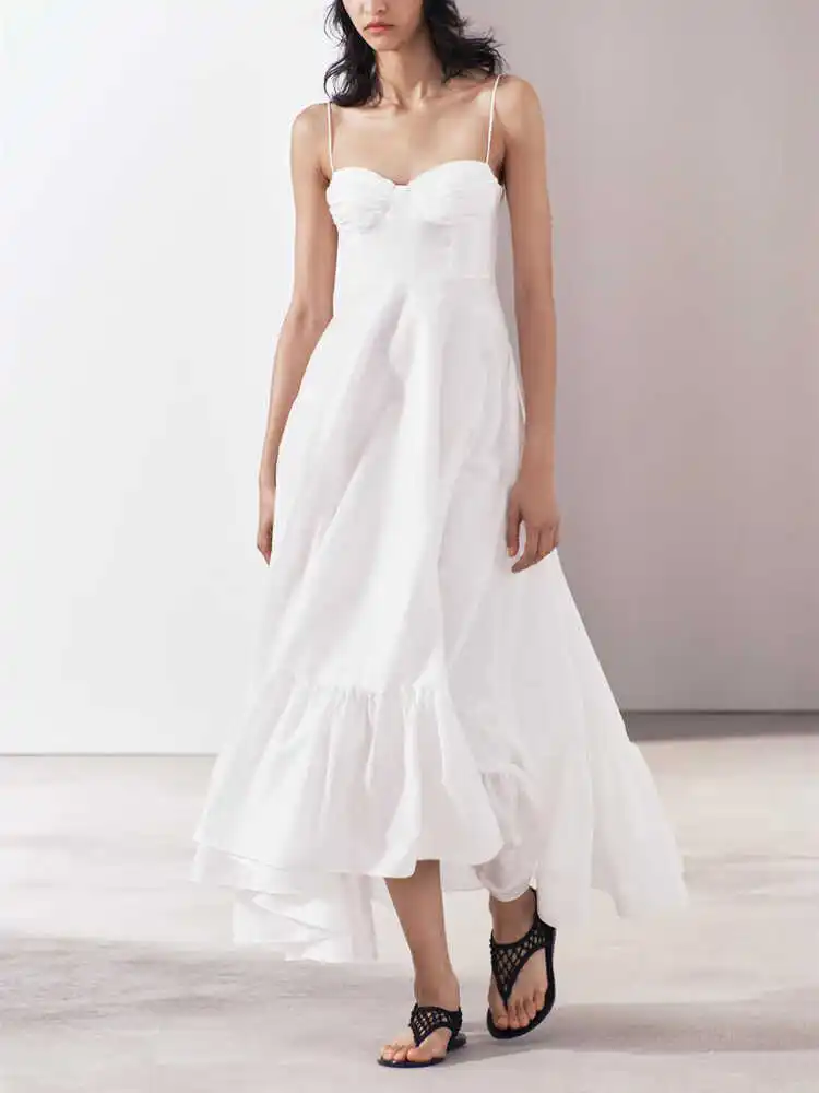 Vestido longo f sexy sem alças, com decoração em camadas, cintura alta, linha A, estilo casual para o dia a dia, sem m...