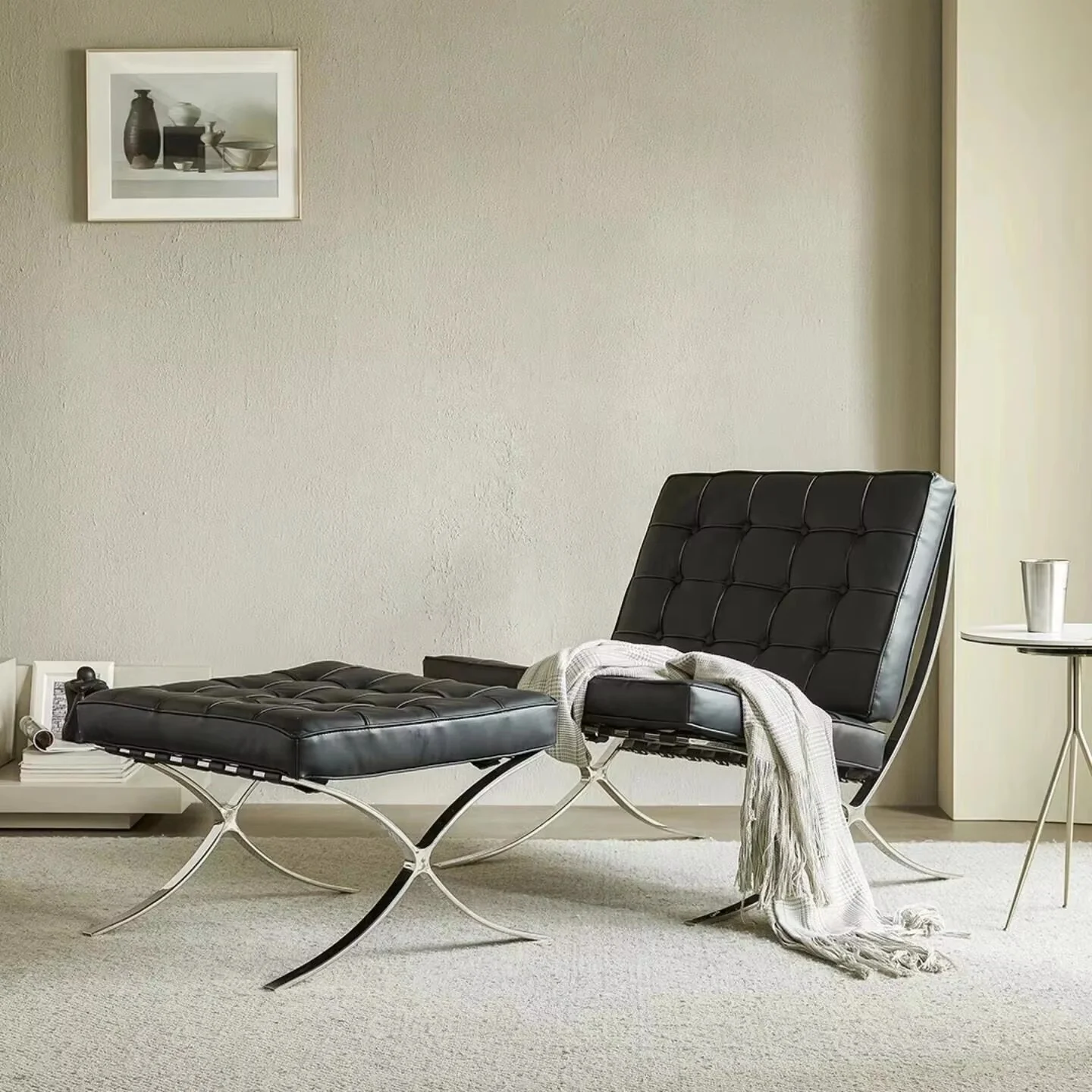 

Nordic Stainless Steel Bauhaus Designer Furniture Living Room Barcelona Lounge Chair Recliner Accent Chair
