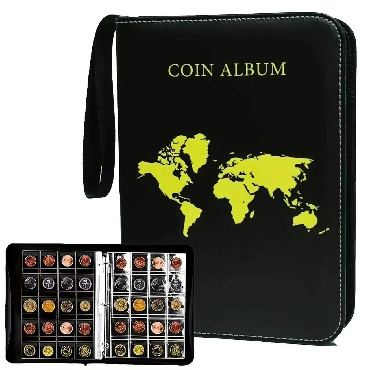 10 Pages/200 Pockets，Large-Capacity Coin Collection Case - with Zipper and Handle, Ideal for Storing and Organizing Your Coins -