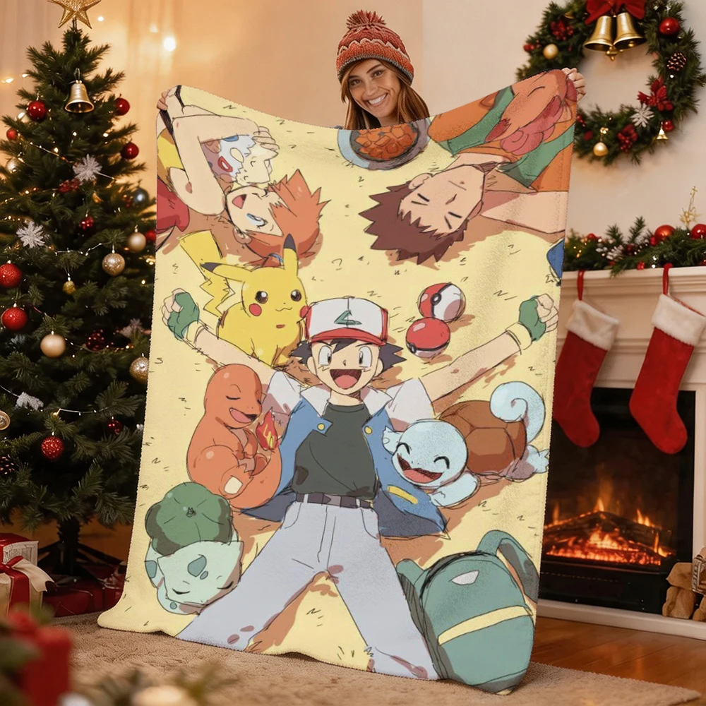 Pokemon Ash Pikachu Misty Brock Charmander Squirtle Bulbasaur Flannel Throw Blanket Soft Warm Cartoon Blanket for Sofa Bed Home
