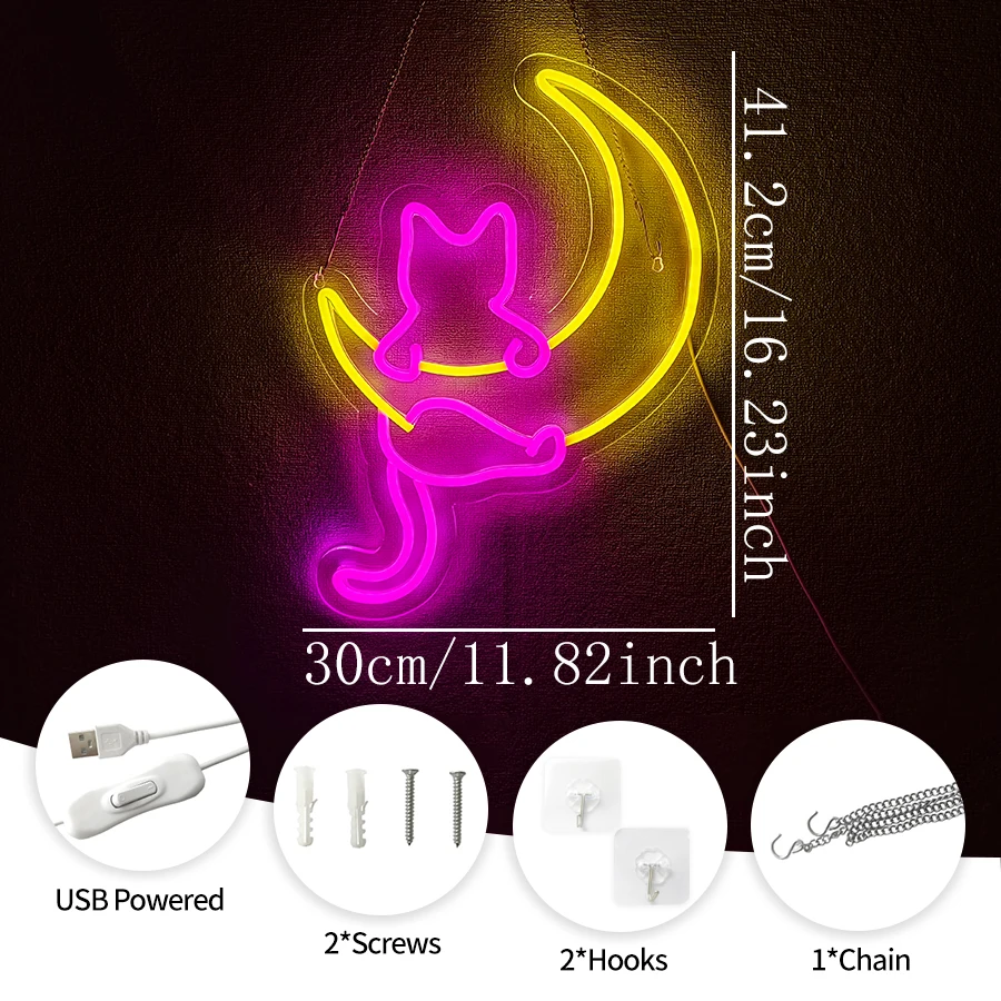 Anime Cat & Moon Neon Sign,Cat LED Lights Decor Animal,Usb Light up Signs for Kids or Girls Room Decorations Bedroom Wall Decor view 2