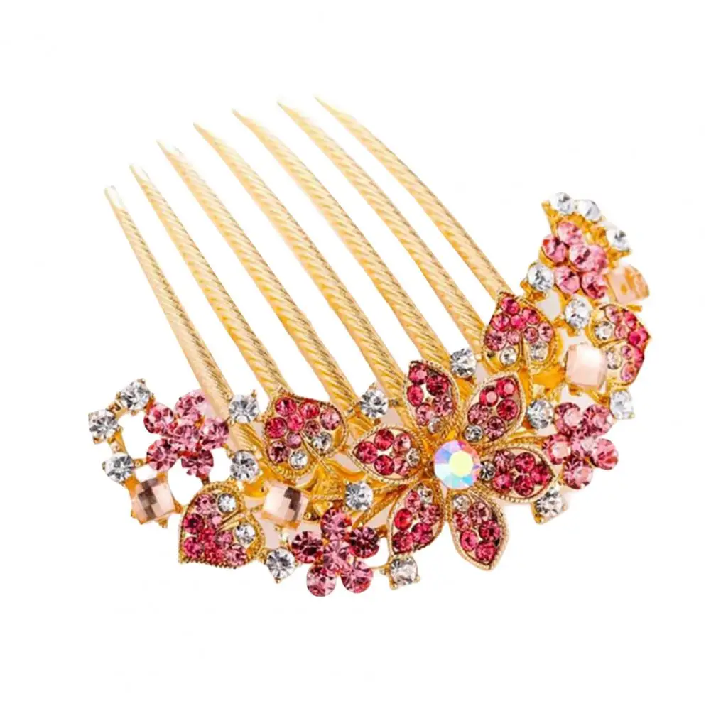 Headwear  Classic Rhinestone Hollow Out Flower Colorful Hair Ornament 7 Teeth Wedding Hair Clip Sturdy   for Dating