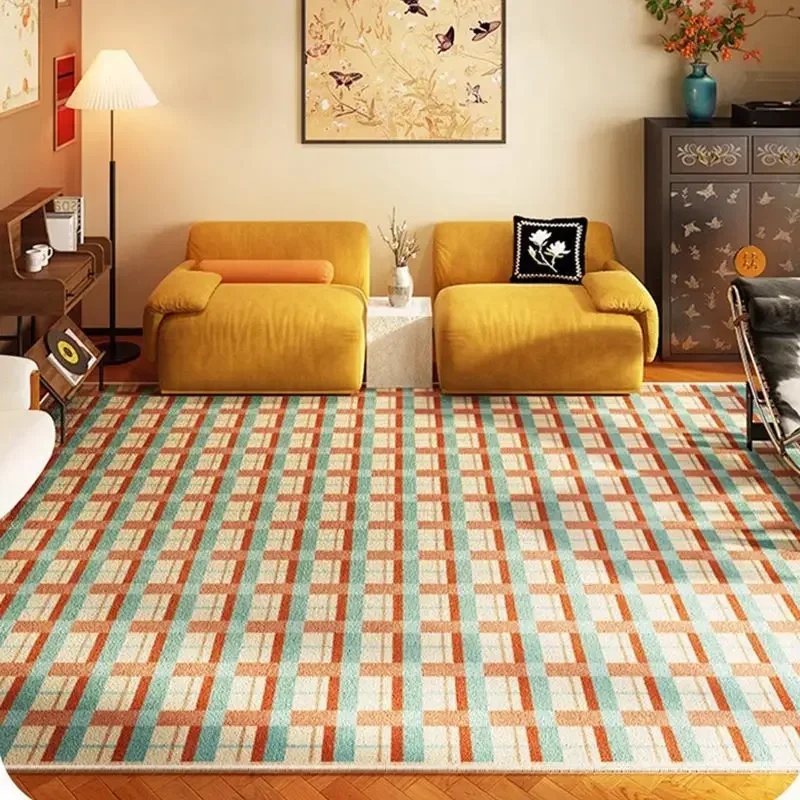 French Plaid Faux Cashmere Floor Carpet Soft Non Slip Footpad for Bathroom Living Room Durable Balcony Decorative Door Mat