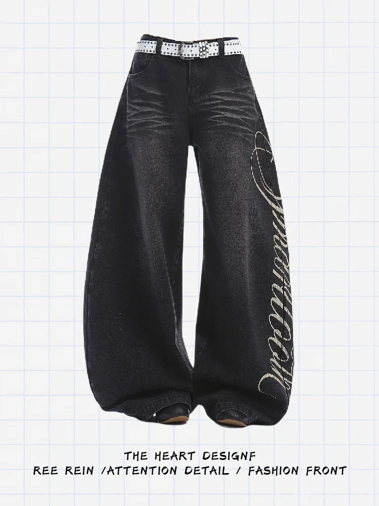 

Ретро-джинсы в американском уличном стиле с высокой талией и широкими штанинами, женские свободные джинсы с эффектом похудения, джинсовые брюки с принтом