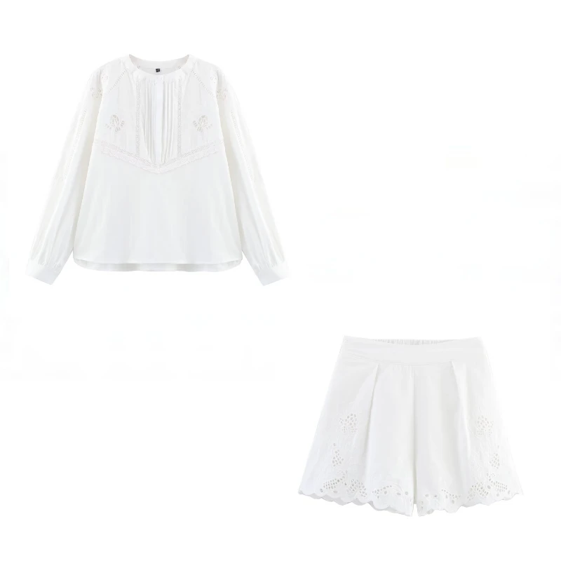 

ZBZA Women' Loose Flower Embroidered Shirt Shorts Set O-neck Single Breasted Blouse High Waist Mini Shorts Summer New Chic Top
