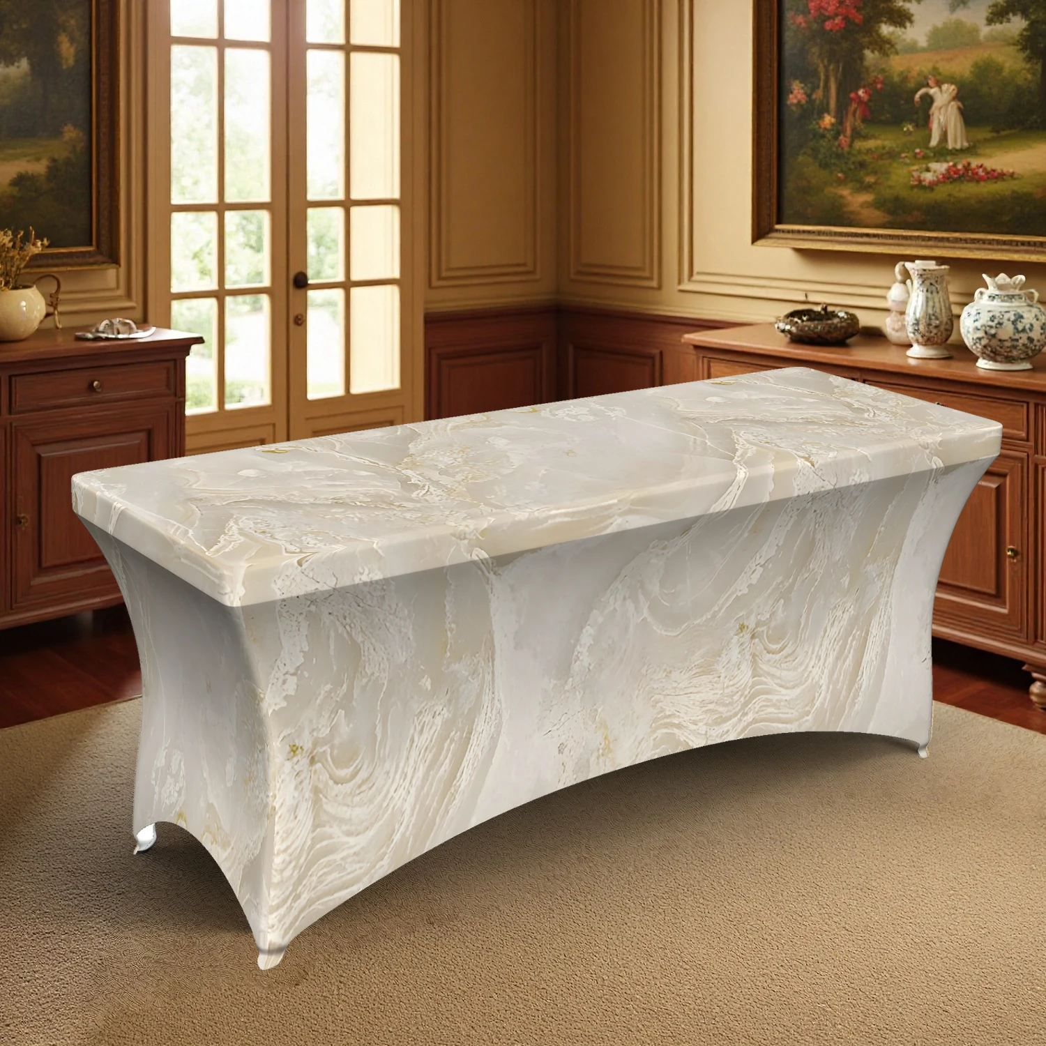 1PC Luxurious White Marble Pattern Stretch Tablecloth, 4/6/8FT Rectangular Elastic Table Cover, Machine Washabl