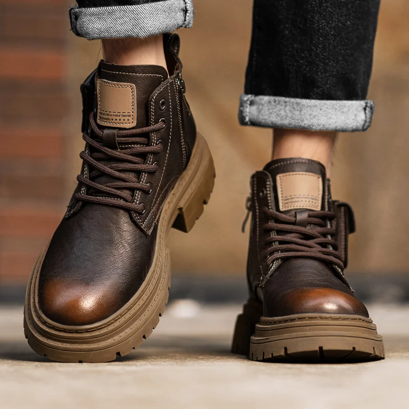 

Men's Autumn High-top Waterproof Casual Shoes, Trendy and Versatile Retro Leather Shoes, British Style Work Boots