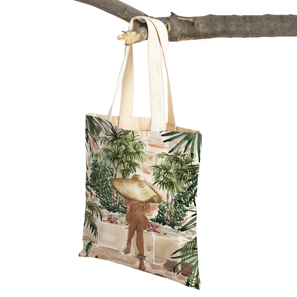 Woman Vase Tropical Plant Canvas Supermarket Shopper Bag Tote Handbag Fashion Cartoon Beautiful Lady Reusable Shopping Bags