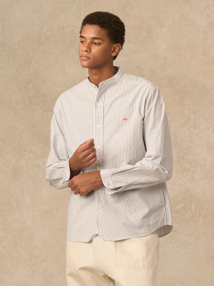 ユニセックス長袖純綿ルーズフィットシャツスタンドカラーストライプ春夏新作洗える通気性快適レトロスタイル