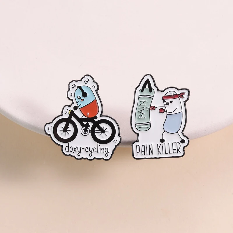 Funny Medical Capsules Enamel Pins Pain Killer Boxing Doxy-Cycling Pun Cartoon Personification Brooches Lapel Badge Jewelry Gift