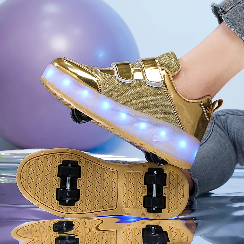 Black Gold Outdoor Sneakers Sports Roller Skating Shoes For Kids Flashing Four-wheel Boys Girls Shoes Led Light Middle Big Kids