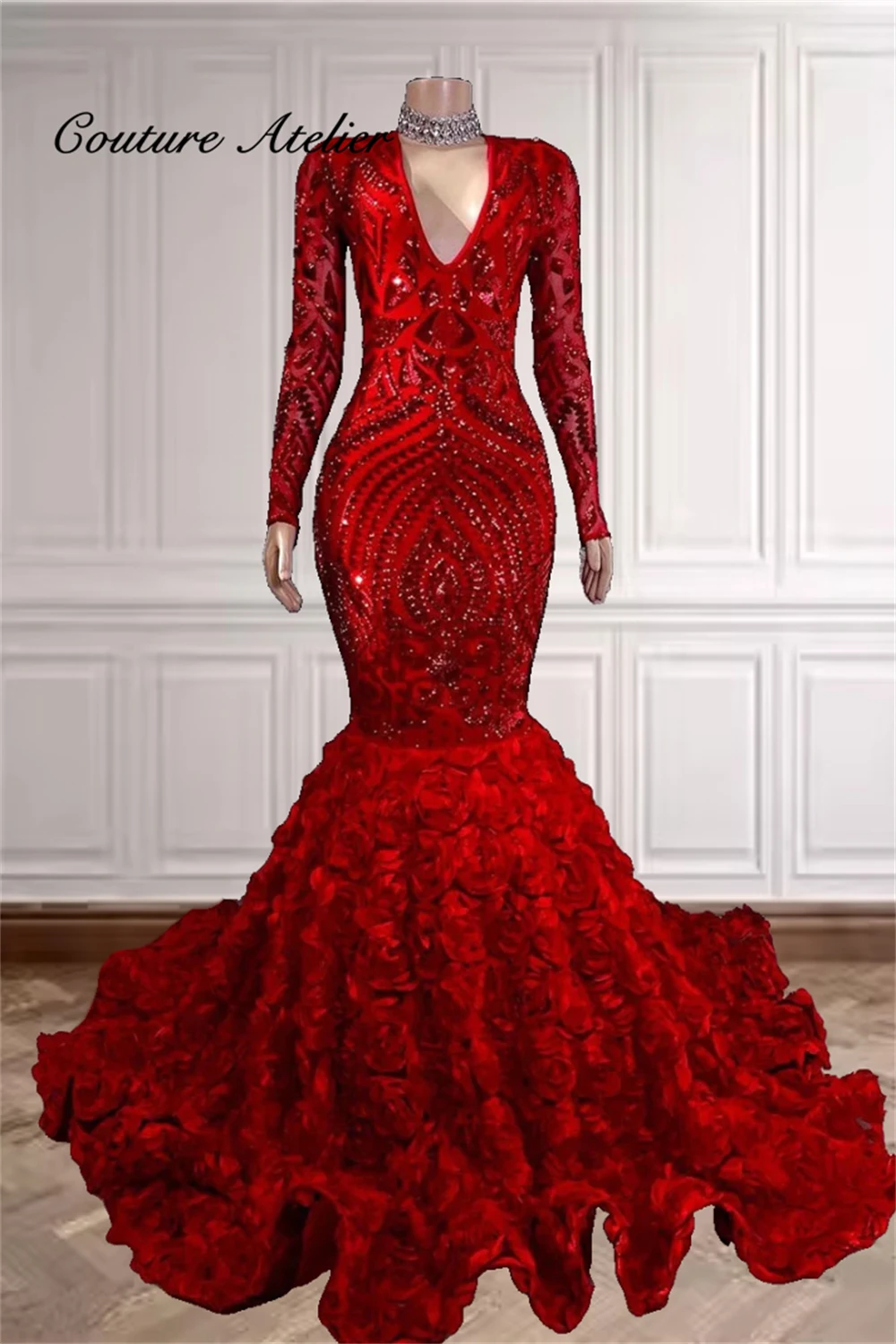 

Red Flowers Train Sequined Lace Long Sleeve Prom Dress Luxury Black Girls V Neck Wedding Dress Birthday Party Africa Customized