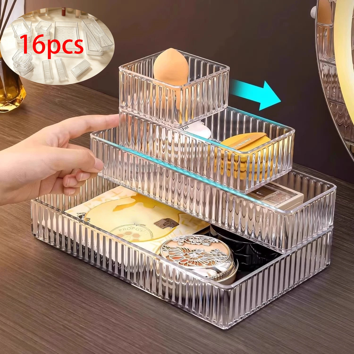 16-Piece Multi-Specification Transparent Vertical-Striped Beauty Storage Rack, Stackable Drawer-Style Cosmetic Storage Box, Waterproof Bathroom Accessory Storage Rack, Suitable for Bathroom Countertops, Dressing Tables, Cabinet Drawers, Can Store Skincare Bottles, Makeup Brushes, Hair Accessories, Jewelry, Desktop Cosmetics Storage Containers