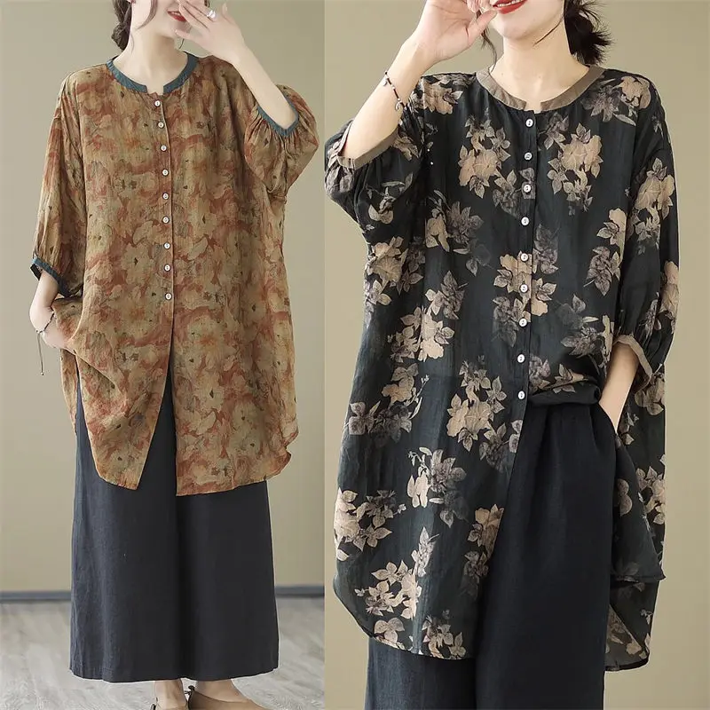 

Свободная женская рубашка в ленивом стиле, большой размер, весна-лето 2022, однобортная тонкая куртка средней длины с цветочным принтом, топ G054