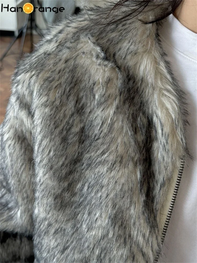 HanOrange 2024 Winter Retro Imitation Fur Eco Long Hair Parkas Women Fluffy Warm Comfortable Quilted Jacket Gray