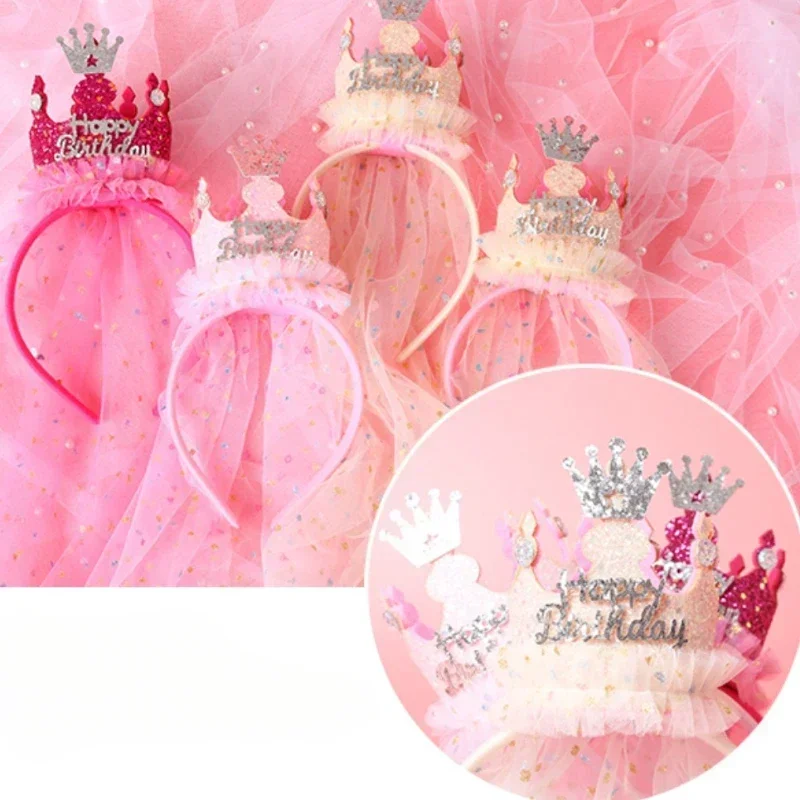 Crown Gauze Headbands for Girls Birthday Party Sweet Princess Birthday Hat Baby Girl Hair Accessories Children Surprise Gifts