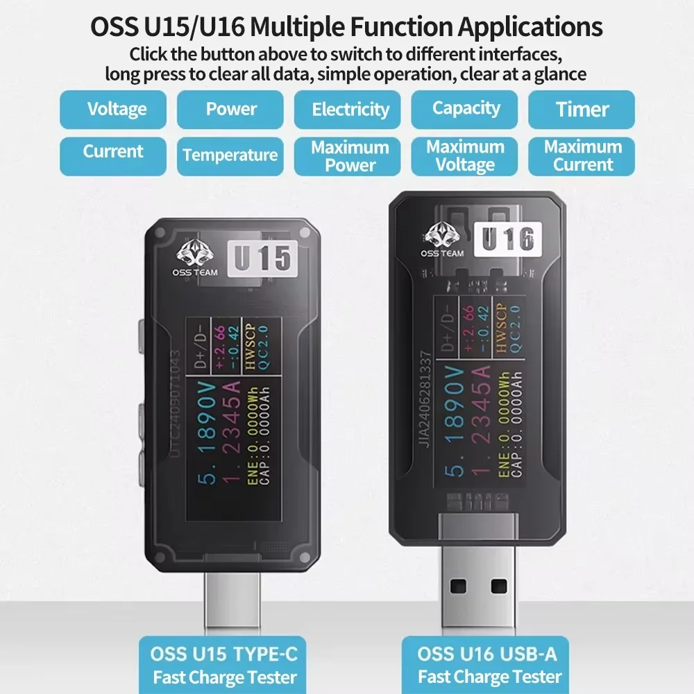 OSS U15/U16 Fast Charging Tester Type-C/USB-A 600W 12A 50V for Mobile Phone Repair Current Voltage Power Inspection Tester Tool