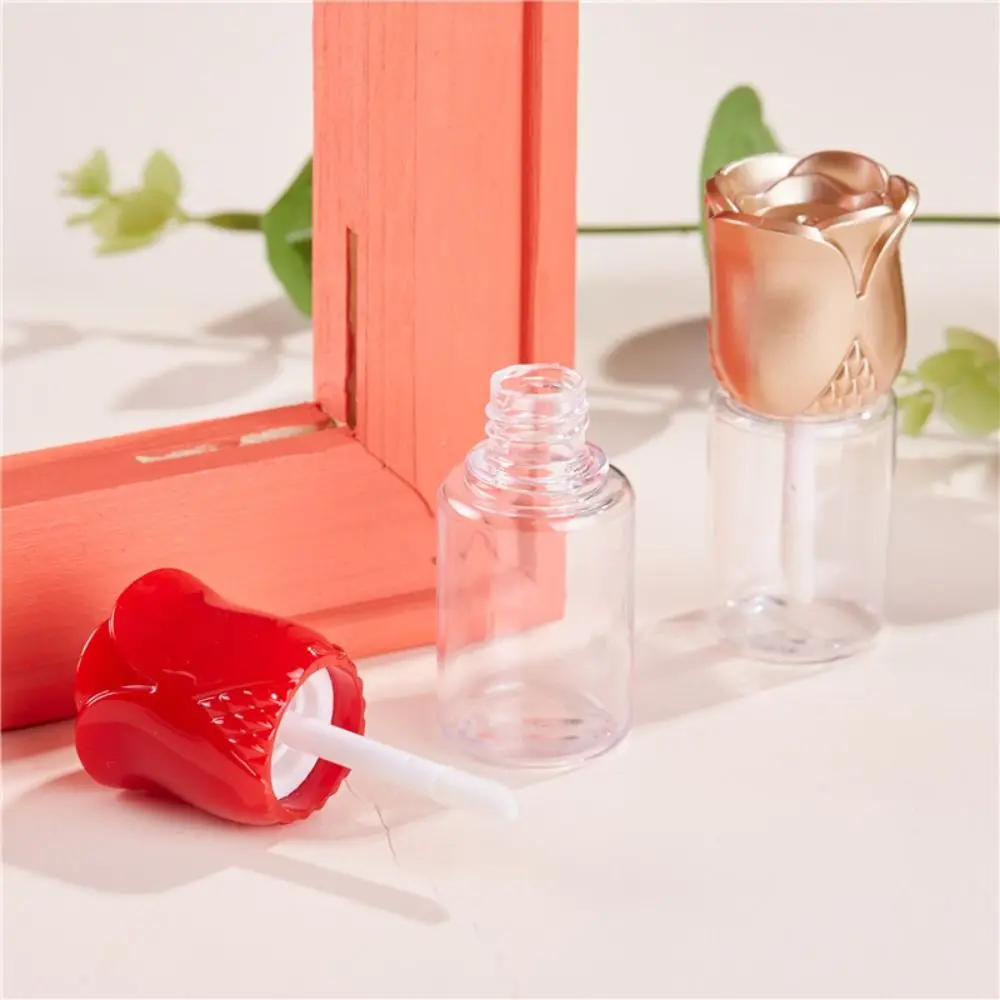 DIY 10 ML Lip Gloss Tube With Brush Rose Shape Sample Storage Lip Oil Container Modern Red Gold Rose Lipstick Tube Makeup Tool